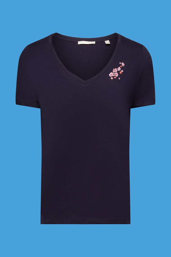 V-neck t-shirt with floral embroidery, NAVY, detail image number 5