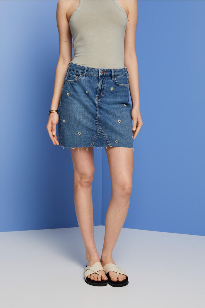 Embroidered jeans mini skirt, BLUE LIGHT WASHED, detail image number 0