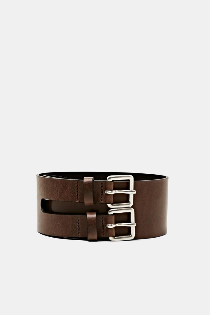 Dual Buckle Leather Belt, DARK BROWN, detail image number 0