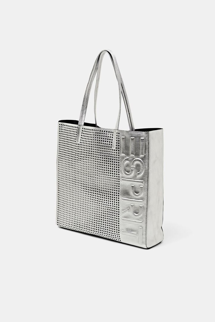 Logo Embossed Leather Tote, SILVER, detail image number 2